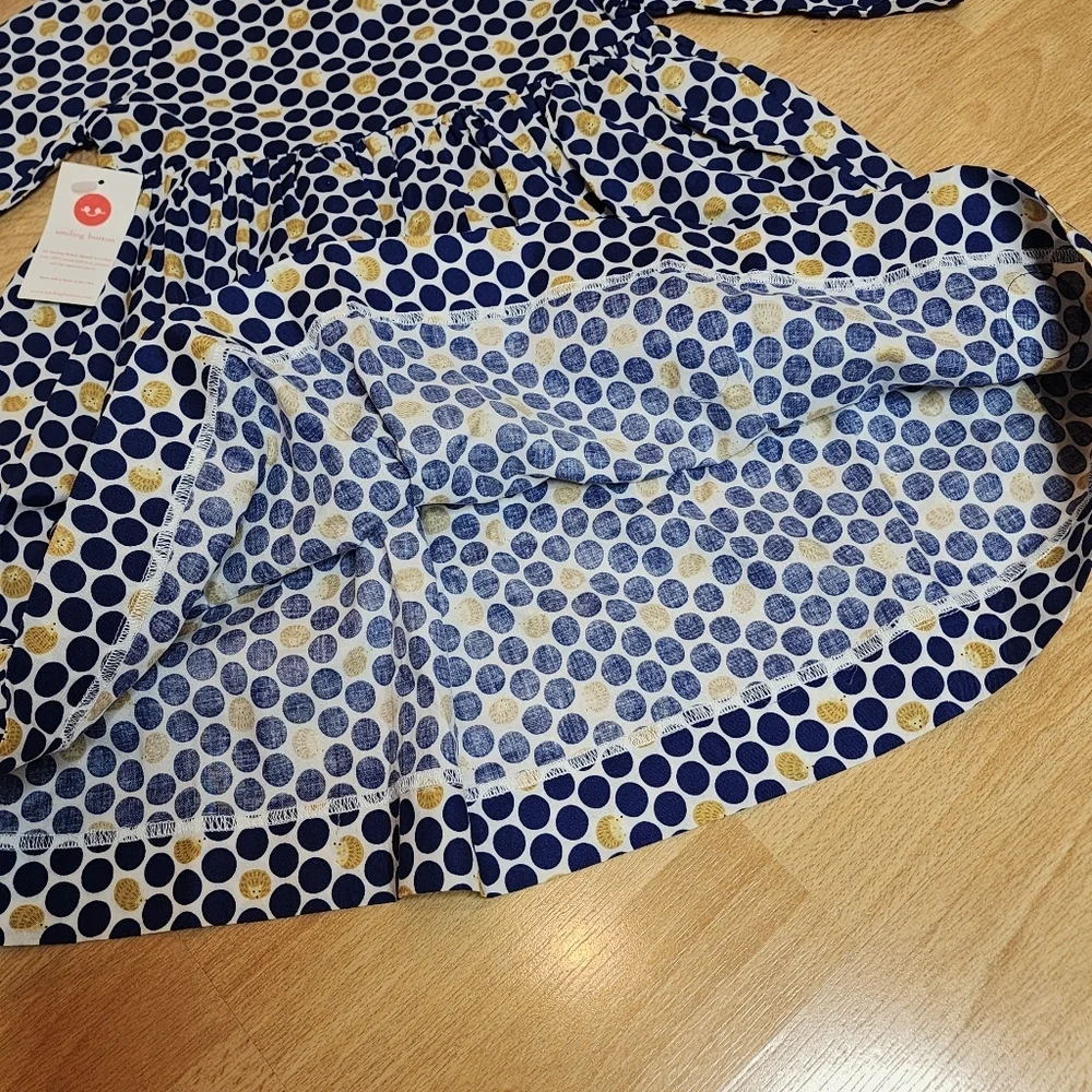NWT Smiling Button Hedgehog Navy Polka Dot Cotton Dress Pockets‎ Size 5